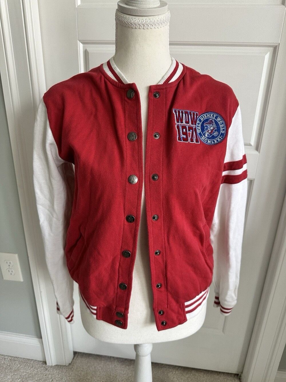 Walt Disney World 71 Mickey Mouse #1 Fan Varsity Jacket Red White Youth XL Retro - Picture 1 of 11